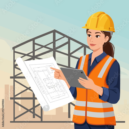 A female construction engineer in a hard hat and safety vest reviews blueprints and a tablet at a building site.