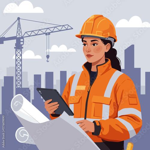 A determined female engineer in an orange safety jacket reviews blueprints and a tablet at a bustling city construction site.