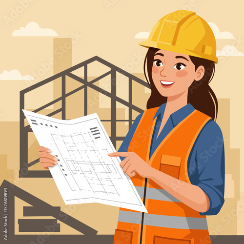 A smiling female architect in a safety vest and helmet confidently reviews blueprints at a construction site, showcasing a modern building's framework in the background.