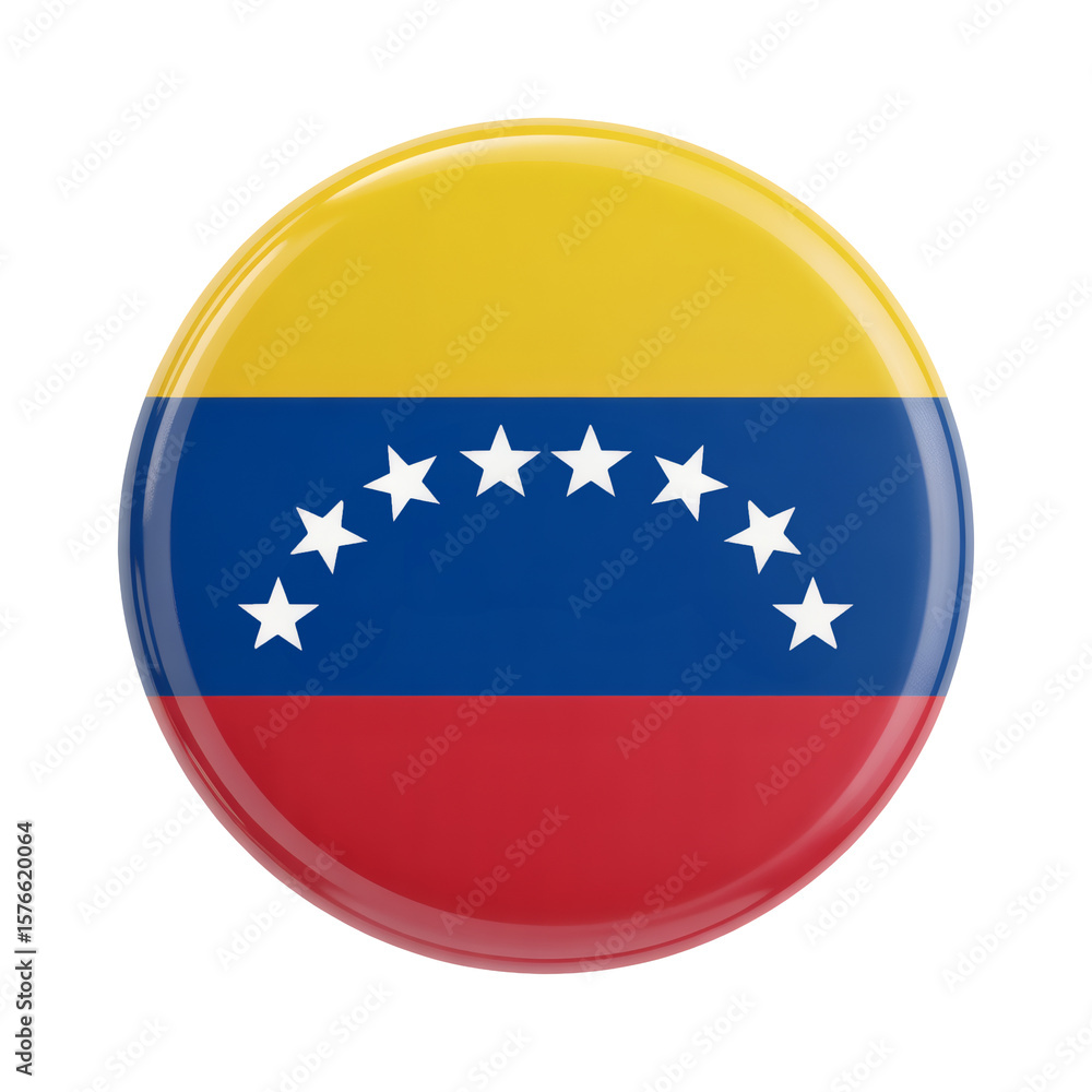 Glossy badge featuring the national flag of Venezuela with vibrant yellow, blue, and red colors, and white stars against a white background. Glossy badge featuring the national flag of Venezuela with vibrant yellow, blue, and red colors, and white stars against a white background.