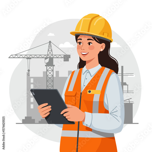 A smiling female construction worker in a safety vest and hardhat holds a tablet, overseeing a large construction site with cranes in the background, suggesting progress and planning.