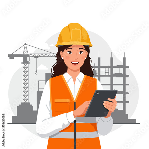 A cheerful female construction worker in a hard hat and safety vest uses a tablet on a building site with a crane and scaffolding in the background.