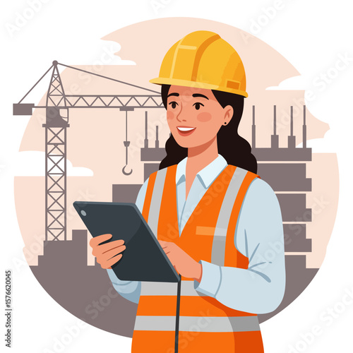 A smiling female engineer in a hard hat and safety vest uses a tablet at a construction site with a crane and buildings.