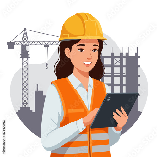 A diligent female construction engineer in a hard hat and safety vest uses a digital tablet at a busy building site.