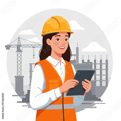 A female construction worker wearing a safety vest and hard hat uses a tablet to oversee a building project, with a crane and unfinished structures in the background.