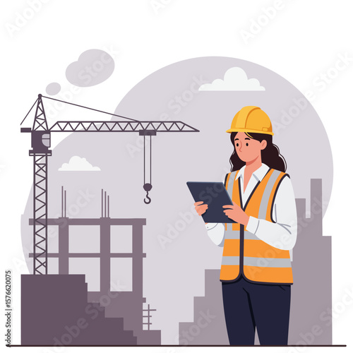 A female construction engineer checks blueprints on a tablet against the backdrop of a modern building under construction and a crane.