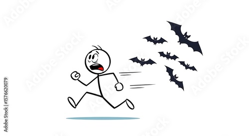 A person flees in panic from the bat. A stick figure, expression conveys fear and anxiety.