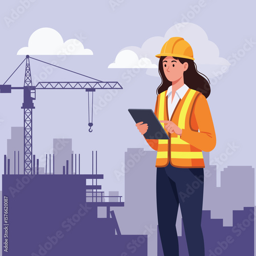 Female construction worker in safety vest and hard hat uses a tablet on a building site, with a crane and a city skyline in the background on a cloudy day.