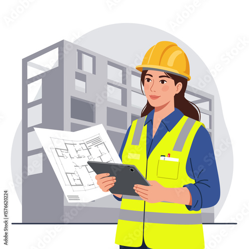 A female architect or engineer in a hard hat and safety vest reviews blueprints and tablet on a construction site.
