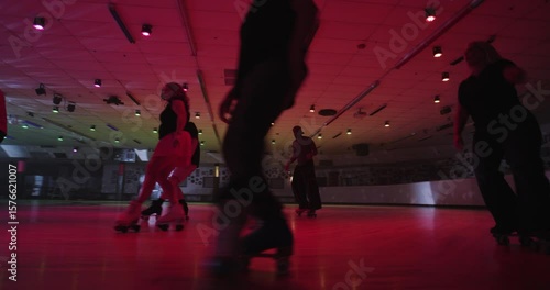 Low, cinematic shot moving in on group of professional skaters dancing on disco floor