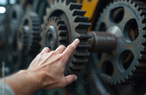 Hand resting on grey metal gear of moving machinery. Close-up view of gear intricate details. Machinery blurred background, emphasizing gear industrial design, safety risk, entrapment danger.