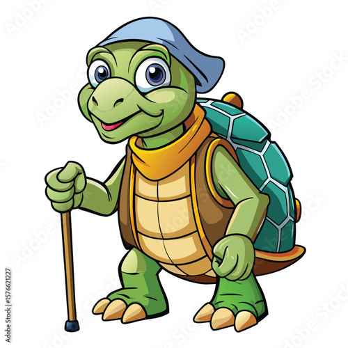 Cartoon turtle with a hat and walking stick