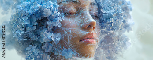 Visual poetry in a glass head filled with ferrofluid moving like smoke and housing vibrant hydrangeas, merging dreams with reality