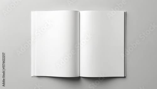 Open blank magazine pages, template mockup for graphic design. Clean white spread, minimalist layout for advertisement, book, album presentation. Tabletop workspace concept with soft wave texture.