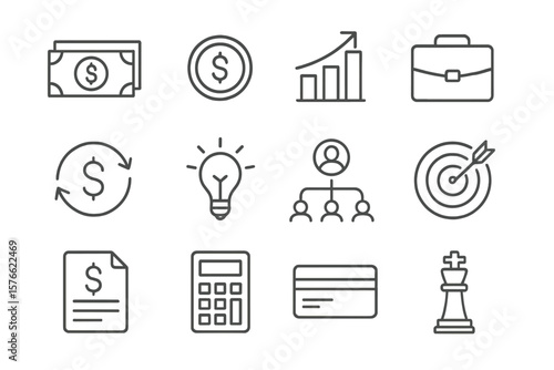 Business and finance thin line icon set with editable stroke. Vector icons of investment, banking, credit, strategy, growth, payment, and goal. Money management symbols.