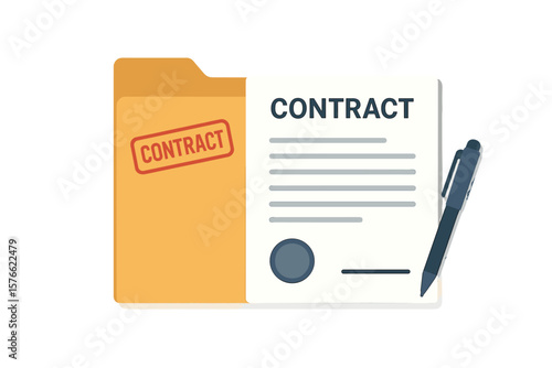 Contract icon. Signed document in folder. Agreement, deal, treaty, pact concept. Business partnership paperwork. Legal document with stamp and pen for signature. Flat vector.