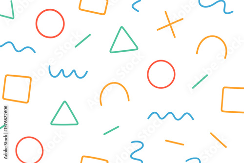 Seamless Colorful Doodle Pattern with Geometric Shapes. Minimalist Kids Background. Playful Line Art Circles, Squares, Triangles, Waves. Trendy Childish Vector Design. Transparent PNG