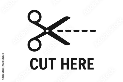 Cut here sign with scissors and dashed line. Vector icon symbol for coupon, ticket, and packaging instructions. Trim, snip, or separate. Dotted line cutting guide.