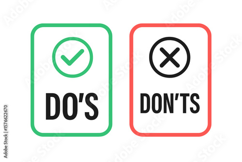 Do’s and Don’ts Checklist Icon Set. Green Check Mark and Red Cross Symbol. Rules, Guidelines, Best Practices, Mistakes, Warnings, Advice, Tips, Vector Illustration, Transparent Background