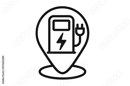 Electric Car Charging Station Location Icon. EV Charge Symbol. Power Plug and Energy Bolt. Modern Black Line Vector. Clean Energy, Eco Transport, Electric Vehicle Infrastructure, Map Pin Marker