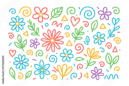 Hand Drawn Colorful Floral Doodle Pattern. Seamless Vector Background with Flowers, Leaves, Swirls, Hearts, Spirals, and Geometric Shapes. Playful Spring or Summer Decorative Illustration