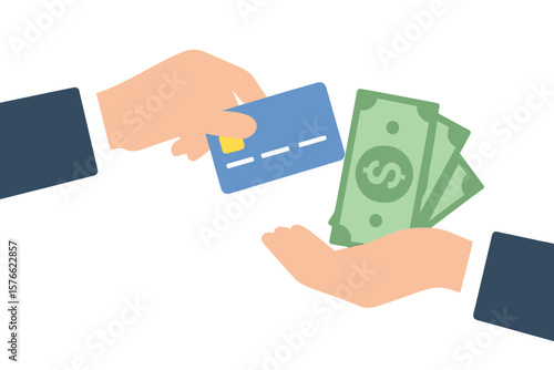Human hand giving credit card for money. Payment transaction concept. Financial exchange with cash banknotes. Business deal. Finance and investment vector illustration flat design.