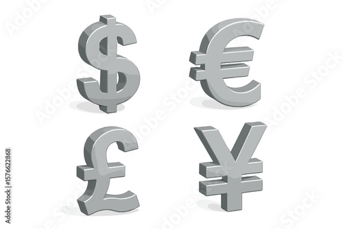 3D currency symbols set. International money signs icon collection. Dollar, euro, pound, yen. Finance, economy, business concept. Silver vector illustration isolated.
