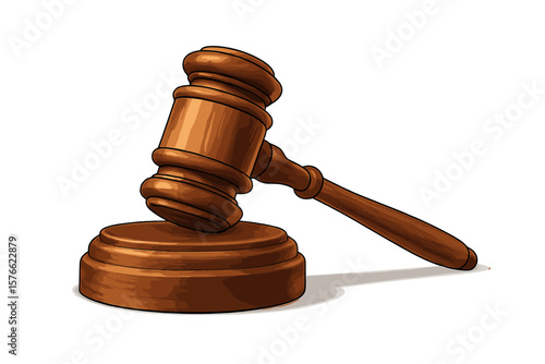 Judge gavel vector illustration. Law and justice concept. Wooden auction hammer on stand. Symbol of court, authority, verdict, sentence. Legal system icon for legislation, bill.
