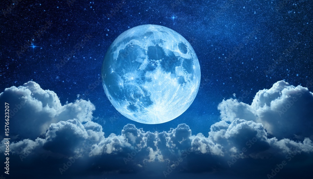 Fototapeta premium radiant full blue moon illuminating a starry night sky with fluffy clouds and tranquil atmosphere
