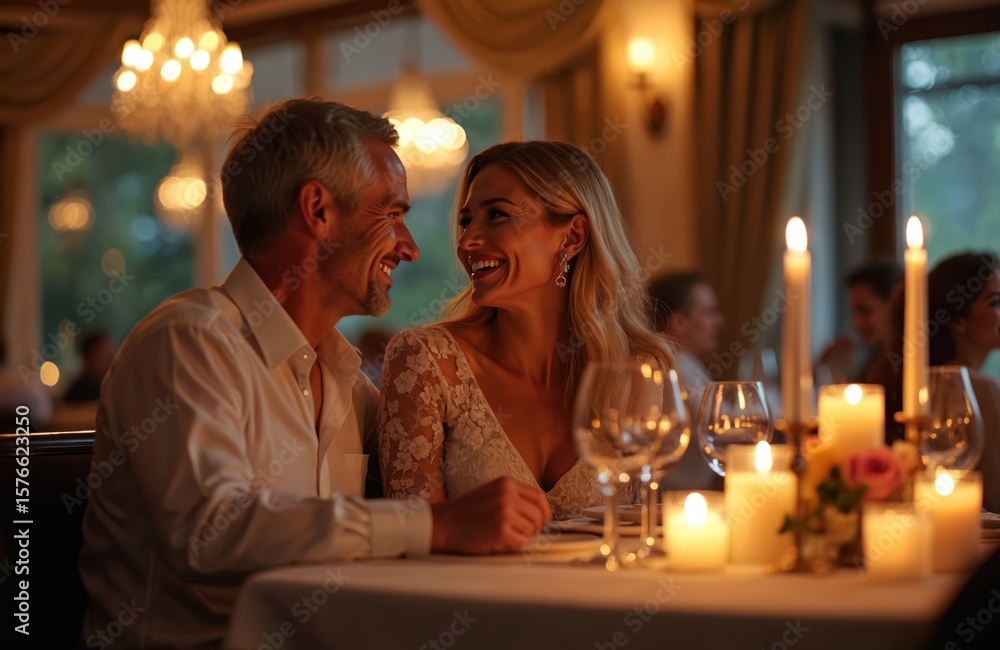 Elegant couple shares romantic dinner at restaurant table. Smiling man in shirt, woman in lace dress. Candles glow, soft light, blurred background. Cherishing intimate moment, celebrating love. Elegant couple shares romantic dinner at restaurant table. Smiling man in shirt, woman in lace dress. Candles glow, soft light, blurred background. Cherishing intimate moment, celebrating love.
