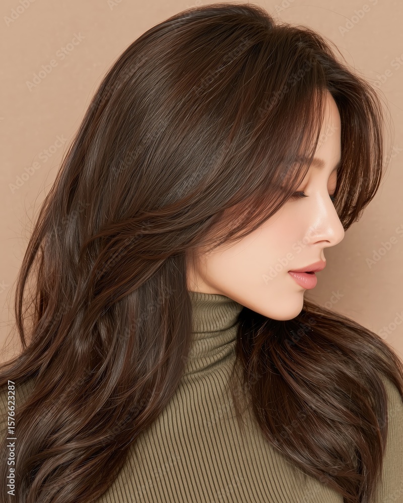 Brunette haired woman displays a side view wearing a dark green sweater, showcasing her skin and pretty facial features. Brunette haired woman displays a side view wearing a dark green sweater, showcasing her skin and pretty facial features.