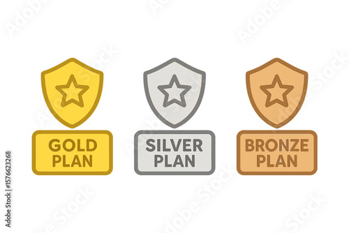 Gold, silver, bronze membership plan icon set. Subscription level badge for web pricing table. User interface element. Premium, standard, basic service tier vector pack.