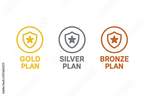 Membership plan icons set. Gold, silver, and bronze subscription levels. Vector badges for pricing table comparison. Premium, standard, and basic service tier emblems.