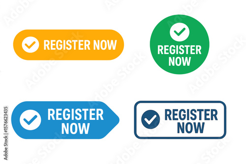 Register Now Buttons Set. Vector Web Registration Buttons with Check Mark Icons. User Interface Elements for Services, Blogs, Websites. Flat Design UI Kit for Online Signup