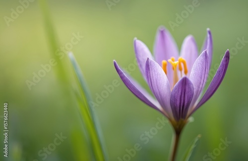 Close-up of a purple wild camas flower blooming in a natural field. Delicate petals unfurl revealing yellow stamen. Soft green background with blurred grass highlights early spring growth.