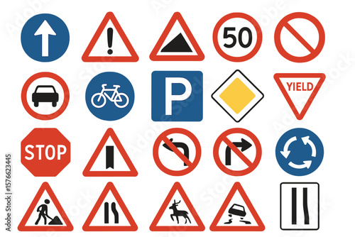 Comprehensive Road Traffic Signs Collection. Vector and Transparent PNG Set. Warning, Regulatory, Informational, Directional, Parking, Speed Limit, Yield, Stop, Construction, Roundabout