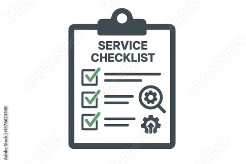 Service checklist clipboard icon. Technical support checklist with check marks, magnifying glass, gear, software upgrade, maintenance, testing, inspection, quality control