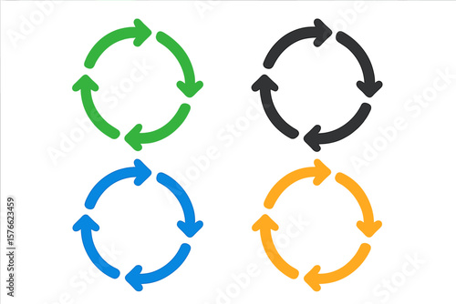 Set of 4 Colorful Arrows Rotation Circle Icons, Flat Vector Pictograms, Recycling Refresh Reload Loop Symbols, Circular Arrow Signs for Recycling and Reloading Concepts