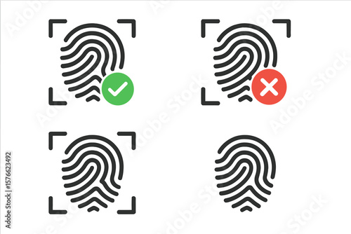 Fingerprint Scan Icons Set. Biometric Security Approval and Denial Symbols. Mobile App Authentication, UI, Website Access, Identity Verification. Vector Illustration Collection