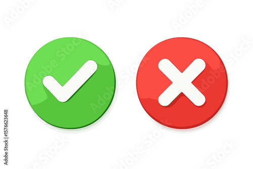 3D Green Check Mark and Red Cross Button Icons. Approval and Rejection Symbols. Isolated Vector Illustration. Transparent Background. Decision, Choice, Correct, Wrong, Yes, No Concepts