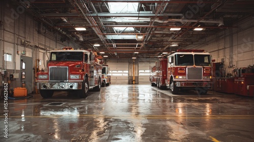 Fototapeta Naklejka Na Ścianę i Meble -  Fire trucks parked in a well-lit fire station garage during daylight hours