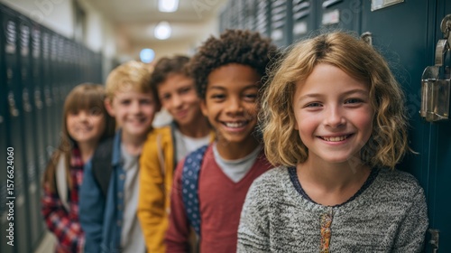 Children smiling and posing in a school hallway near lockers during a cheerful school day gathering
