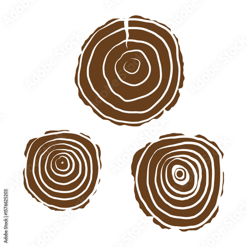 Round rings of Wooden saw cut woodworking. Hand drawn sketch with Wood discs, lumber round moldings birch, ash, oak. Vector illustration for design. Nature, decor, construction, forest tree