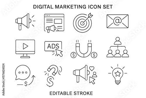 Digital marketing icon set. Line icons for business, seo, smm and advertising. Promotion and communication strategy. Inbound marketing, lead generation, email and social media.