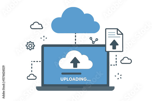 Cloud computing technology concept. Laptop uploading file document to online data storage server. Information transfer, web hosting, network service, database backup vector.
