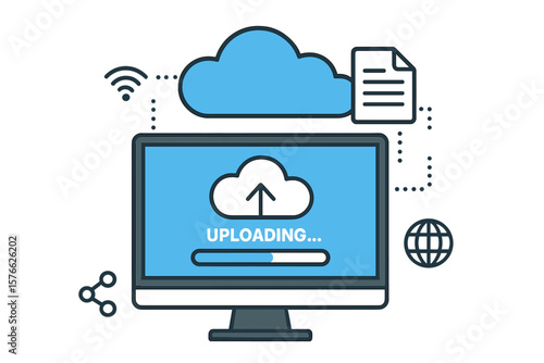 Cloud computing concept. Uploading process on computer screen. Cloud data storage and processing. Backup and file copy. Network cloud service, hosting and internet technology.