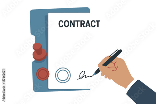 Hand signing contract. Man with pen puts a signature on a legal paper document. Business deal, agreement, and partnership concept. Official form with stamp and notary seal.