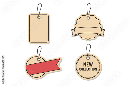 Vector set of blank price tags. Vintage paper labels with ribbon for sales and discounts. Modern promotional badge for retail shopping. Empty cardboard hang tag collection.