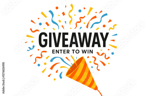 Giveaway enter to win prize. Exploding party popper with confetti. Festive contest for social media post. Promotion announcement banner for winners. Gift offer template design.