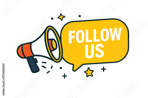 Follow us banner. Megaphone with speech bubble for social media, marketing, and advertising. Loudspeaker announcement icon for business promotion, blog, website. Vector.
